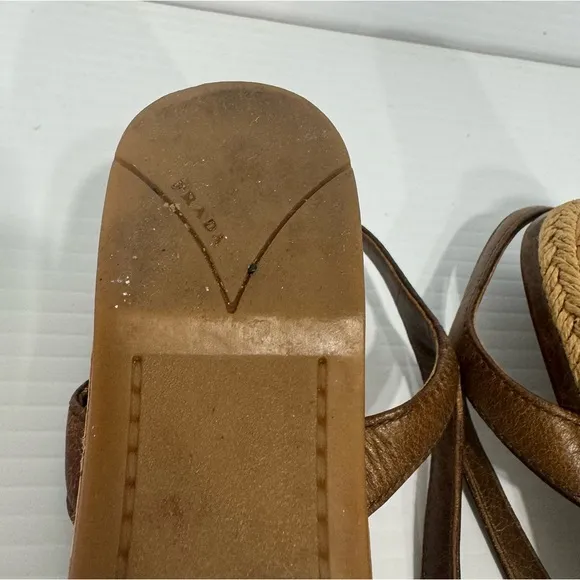 Prada Cork Brown Leather Wedge Sandals Size 36 1/2