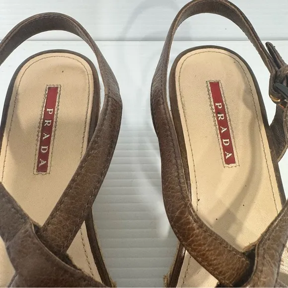 Prada Cork Brown Leather Wedge Sandals Size 36 1/2