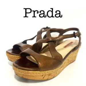 Prada Cork Brown Leather Wedge Sandals Size 36 1/2