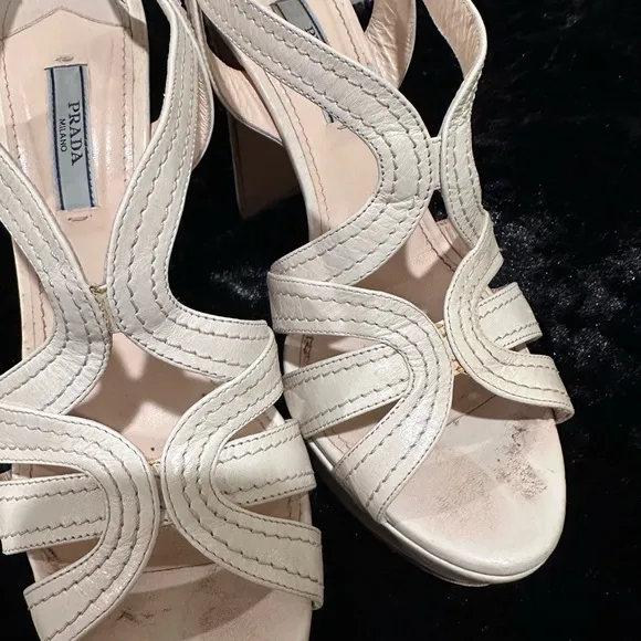 Prada Cream Leather Strappy platform Sandals Y2K 80s 90s retro glam corpcore