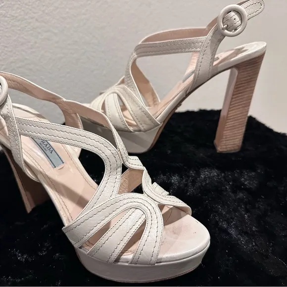Prada Cream Leather Strappy platform Sandals Y2K 80s 90s retro glam corpcore