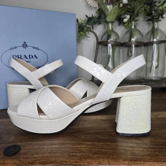 PRADA CROC EMBOSSED QUARTER PLATFORM SANDALS