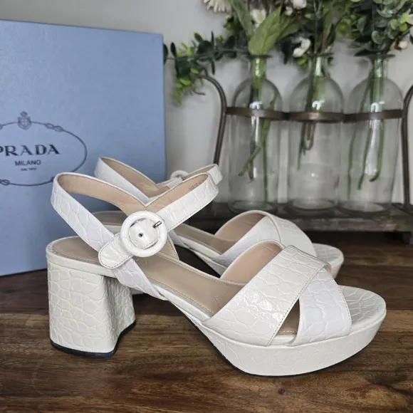 PRADA CROC EMBOSSED QUARTER PLATFORM SANDALS