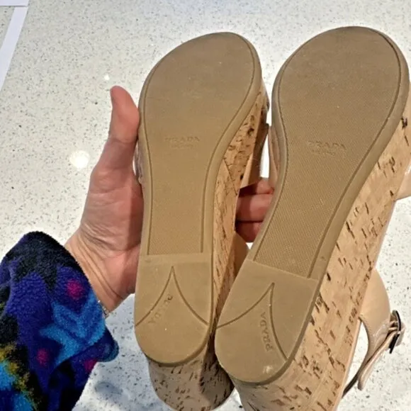 Prada Donna Crisscross Cork Wedge Cipria Patent Leather‎ Sandals US10 IT40 Tan