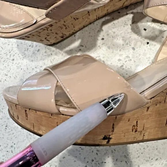 Prada Donna Crisscross Cork Wedge Cipria Patent Leather‎ Sandals US10 IT40 Tan