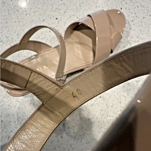 Prada Donna Crisscross Cork Wedge Cipria Patent Leather‎ Sandals US10 IT40 Tan