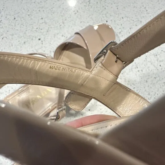 Prada Donna Crisscross Cork Wedge Cipria Patent Leather‎ Sandals US10 IT40 Tan