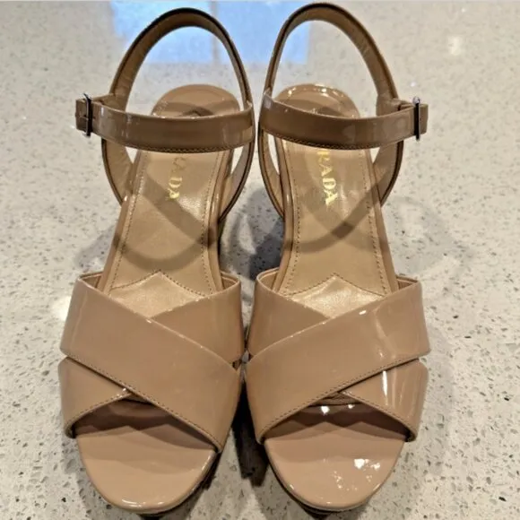 Prada Donna Crisscross Cork Wedge Cipria Patent Leather‎ Sandals US10 IT40 Tan