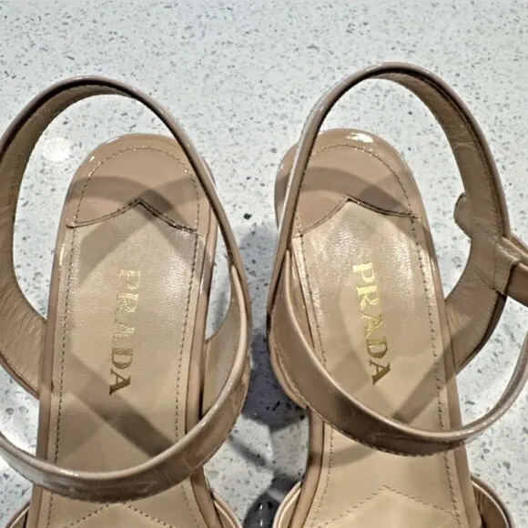 Prada Donna Crisscross Cork Wedge Cipria Patent Leather‎ Sandals US10 IT40 Tan
