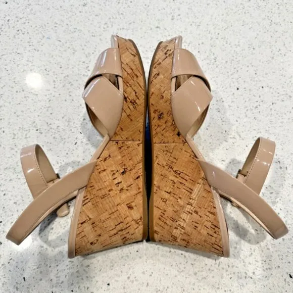 Prada Donna Crisscross Cork Wedge Cipria Patent Leather‎ Sandals US10 IT40 Tan
