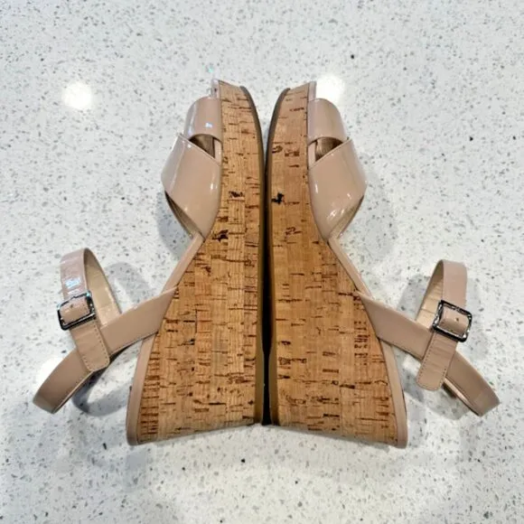 Prada Donna Crisscross Cork Wedge Cipria Patent Leather‎ Sandals US10 IT40 Tan