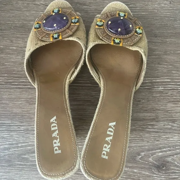 Prada Linen Vintage Wedge Mule Slides Sandals Amethyst Jewels Size 39 / 8.5