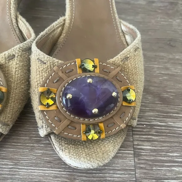 Prada Linen Vintage Wedge Mule Slides Sandals Amethyst Jewels Size 39 / 8.5