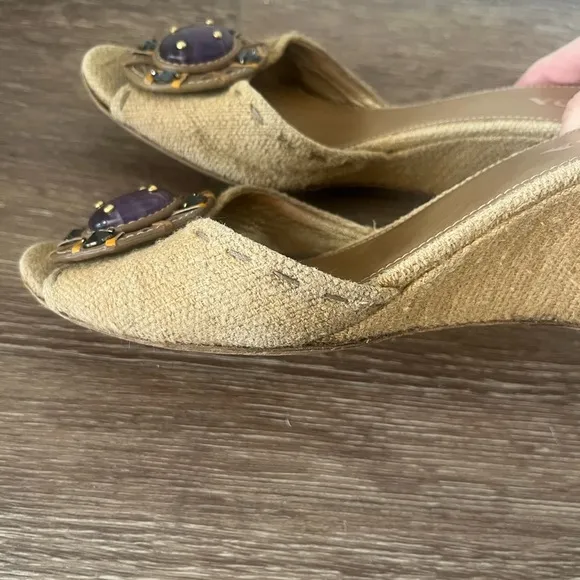 Prada Linen Vintage Wedge Mule Slides Sandals Amethyst Jewels Size 39 / 8.5