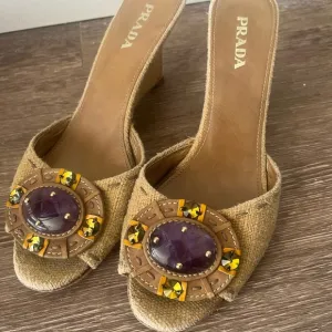 Prada Linen Vintage Wedge Mule Slides Sandals Amethyst Jewels Size 39 / 8.5