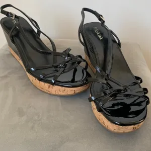 Prada Slingback Black Cork Wedge Sandals