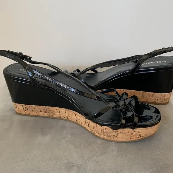 Prada Slingback Black Cork Wedge Sandals