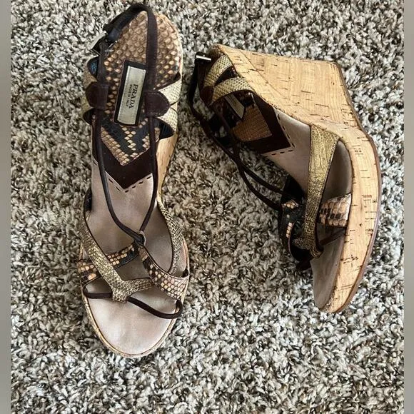 Prada Snake print strappy sandals cork wedge size 38.5 Chic Mob Wife