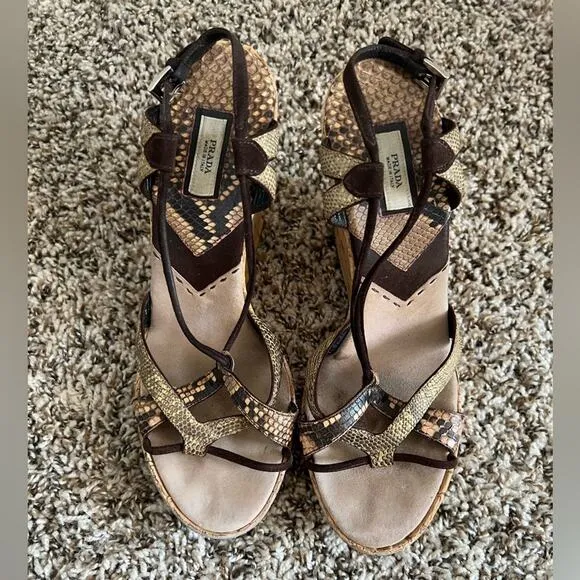 Prada Snake print strappy sandals cork wedge size 38.5 Chic Mob Wife
