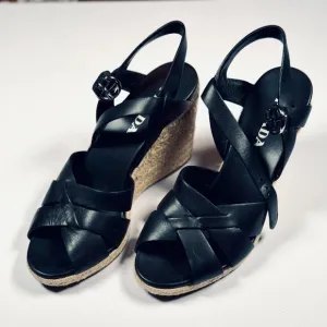 Prada Strappy Leather Espadrille Wedge Sandals Size 40EU (10US) Black
