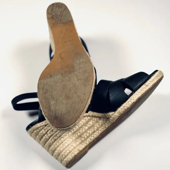 Prada Strappy Leather Espadrille Wedge Sandals Size 40EU (10US) Black