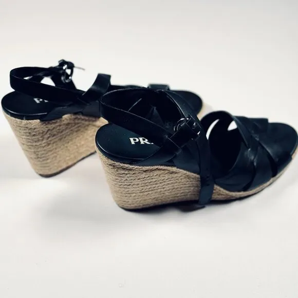 Prada Strappy Leather Espadrille Wedge Sandals Size 40EU (10US) Black