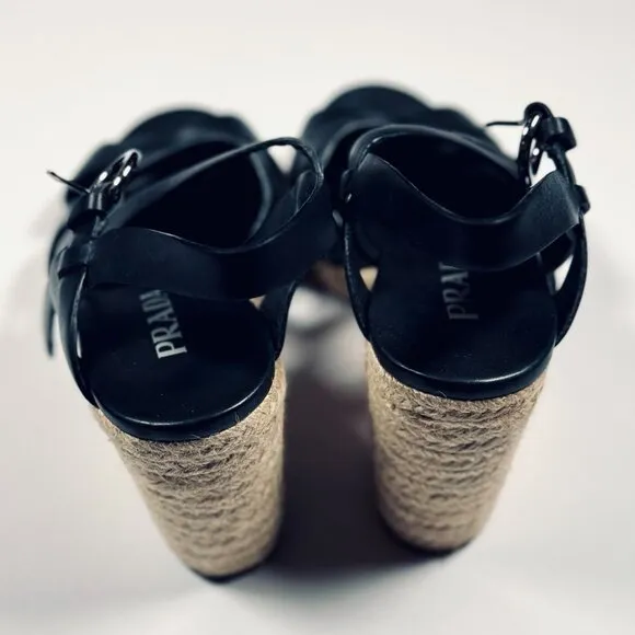 Prada Strappy Leather Espadrille Wedge Sandals Size 40EU (10US) Black