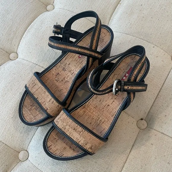 Prada wedge cork sandals with black leather trim