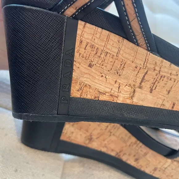 Prada wedge cork sandals with black leather trim