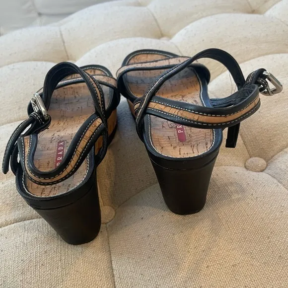 Prada wedge cork sandals with black leather trim