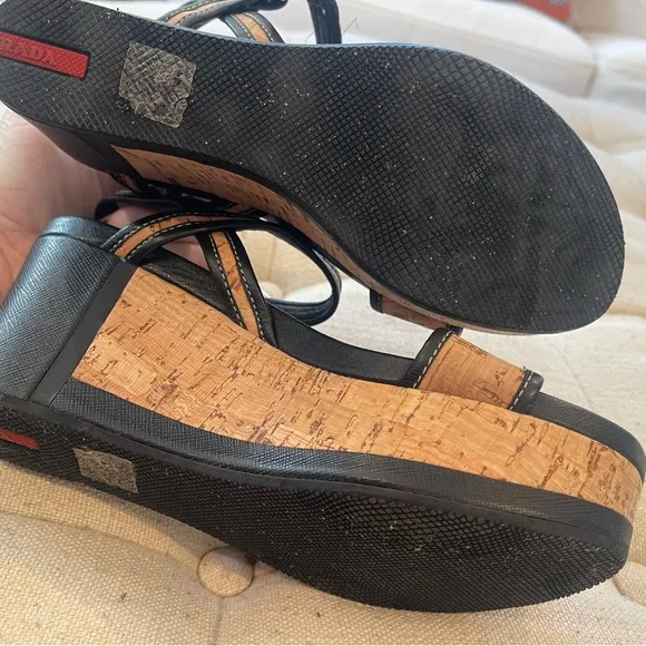 Prada wedge cork sandals with black leather trim
