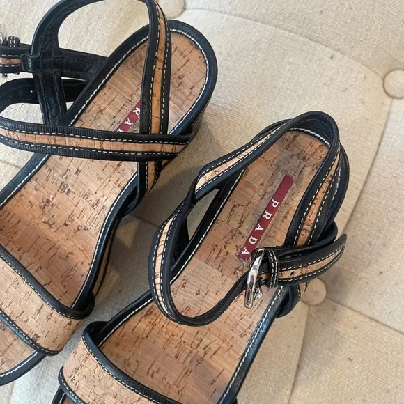 Prada wedge cork sandals with black leather trim