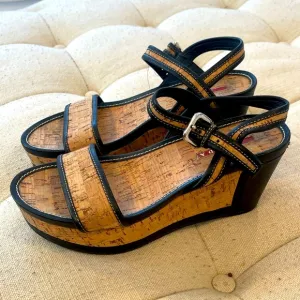 Prada wedge cork sandals with black leather trim