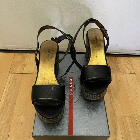 Prada Wedge Platform Ankle Strap Sandals Size 38
