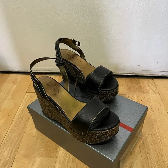 Prada Wedge Platform Ankle Strap Sandals Size 38