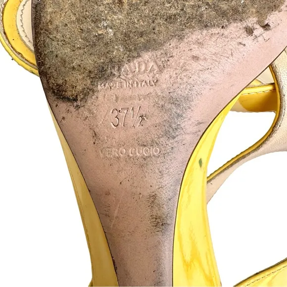 PRADA Yellow Patent Leather Wedge Thong Sandals Mules Women’s Size 37.5