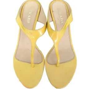 PRADA Yellow Patent Leather Wedge Thong Sandals Mules Women’s Size 37.5