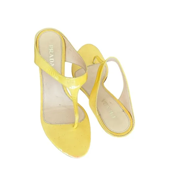 PRADA Yellow Patent Leather Wedge Thong Sandals Mules Women’s Size 37.5