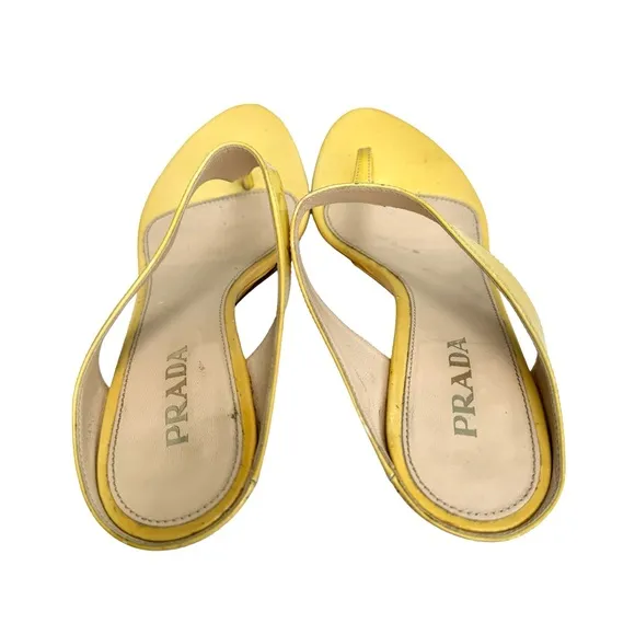 PRADA Yellow Patent Leather Wedge Thong Sandals Mules Women’s Size 37.5