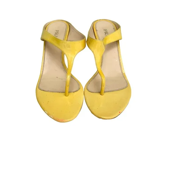 PRADA Yellow Patent Leather Wedge Thong Sandals Mules Women’s Size 37.5