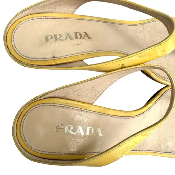 PRADA Yellow Patent Leather Wedge Thong Sandals Mules Women’s Size 37.5