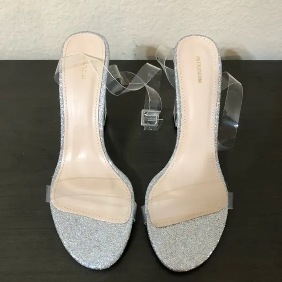 PrettyLittleThing Heels Clear Block Silver Metallic Chunky Sandals Trendy Sexy