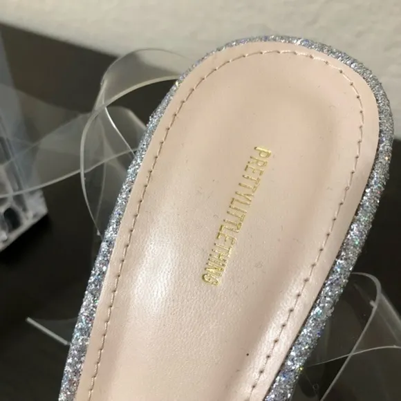 PrettyLittleThing Heels Clear Block Silver Metallic Chunky Sandals Trendy Sexy
