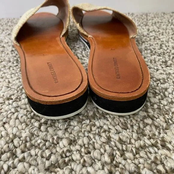 RACHEL COMEY Sandals Size 7 Flats Plaid Raffia Natural Woven Slides Designer