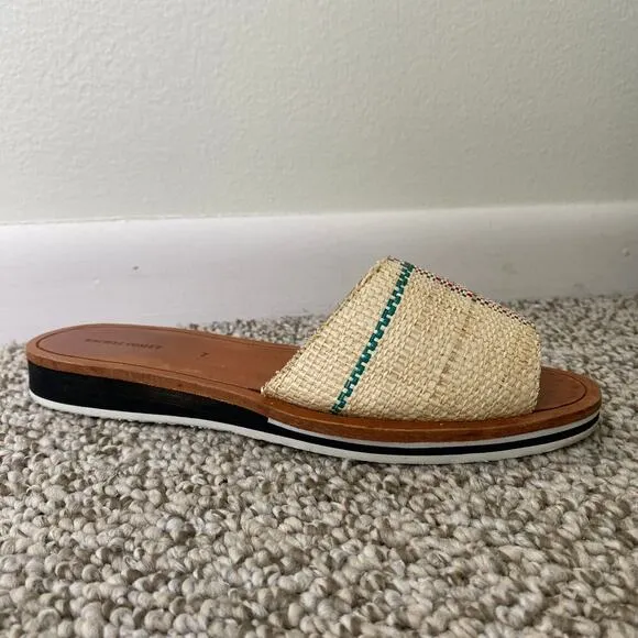 RACHEL COMEY Sandals Size 7 Flats Plaid Raffia Natural Woven Slides Designer