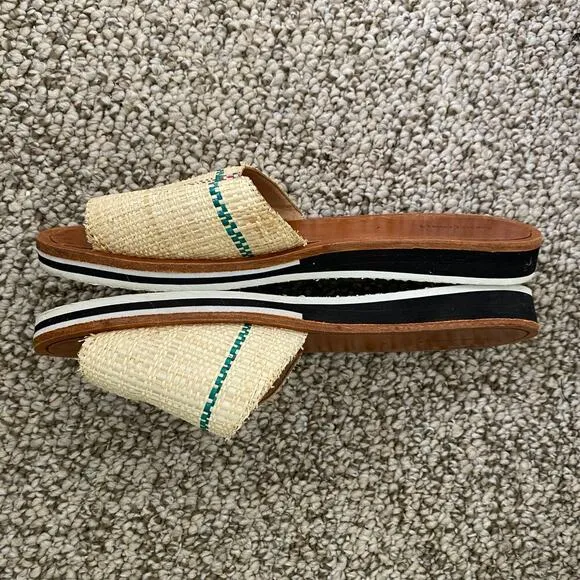 RACHEL COMEY Sandals Size 7 Flats Plaid Raffia Natural Woven Slides Designer