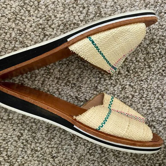 RACHEL COMEY Sandals Size 7 Flats Plaid Raffia Natural Woven Slides Designer