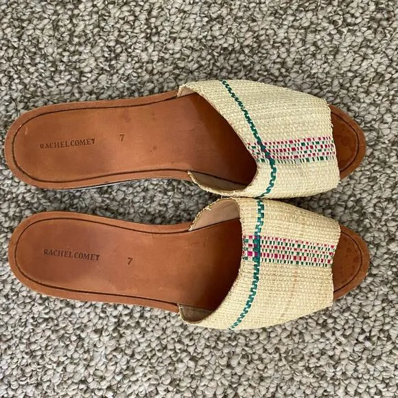RACHEL COMEY Sandals Size 7 Flats Plaid Raffia Natural Woven Slides Designer