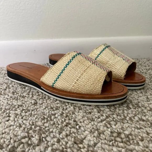 RACHEL COMEY Sandals Size 7 Flats Plaid Raffia Natural Woven Slides Designer