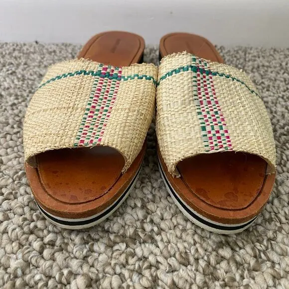 RACHEL COMEY Sandals Size 7 Flats Plaid Raffia Natural Woven Slides Designer